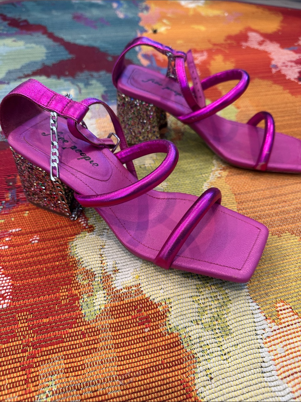 Free People Metallic Fuchsia Strappy Block Heel Sandals